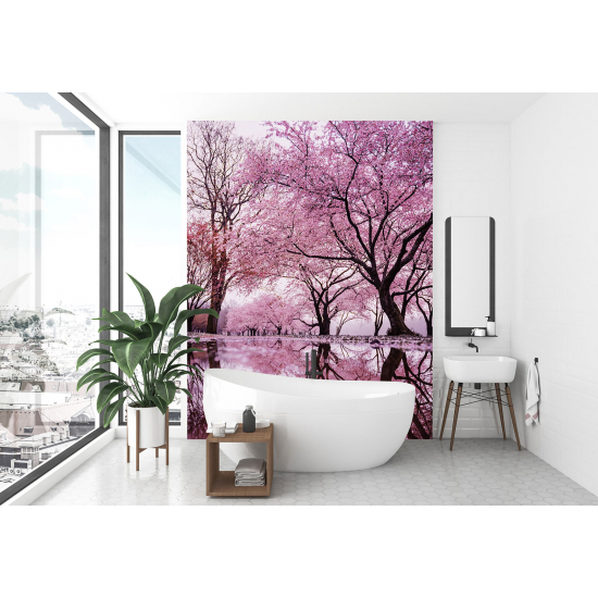 Papel pintado panorámico - Árboles hojas rosas