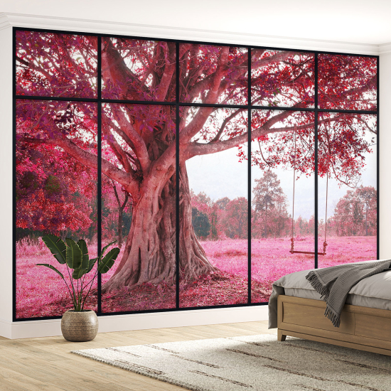 Papel pintado panorámico trampantojo - Árbol flores rosas