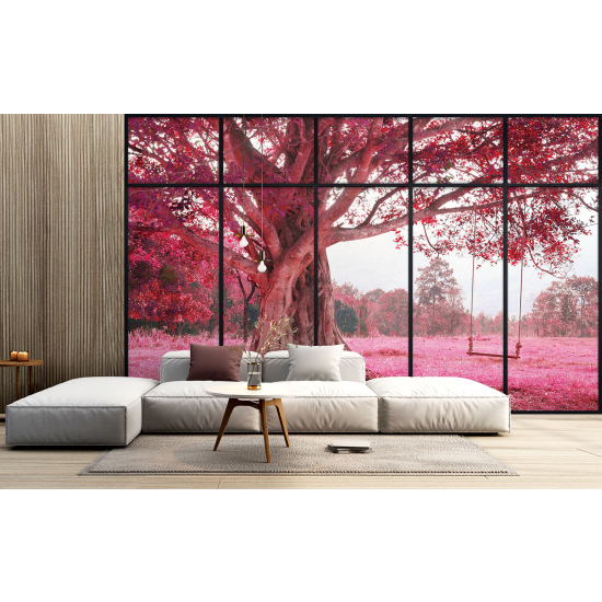 Papel pintado panorámico trampantojo - Árbol flores rosas