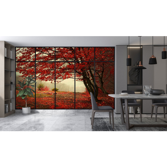 Papel pintado panorámico trampantojo - Árbol hojas rojas