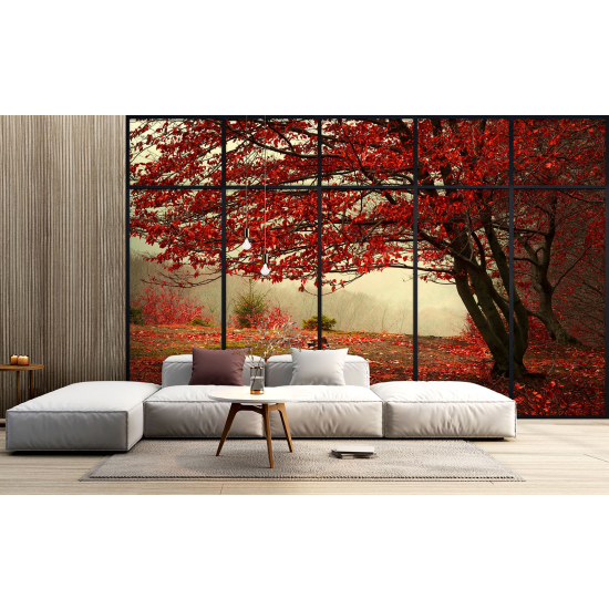 Papel pintado panorámico trampantojo - Árbol hojas rojas
