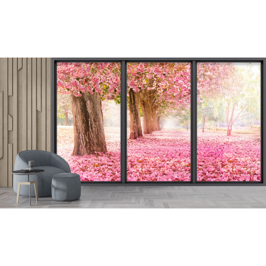 Papel pintado panorámico trampantojo - Árboles flores rosas