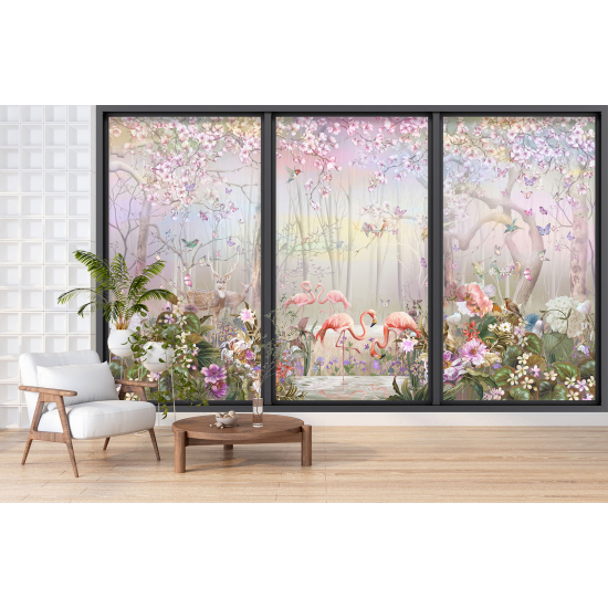 Papel pintado panorámico trampantojo - Flamencos rosas