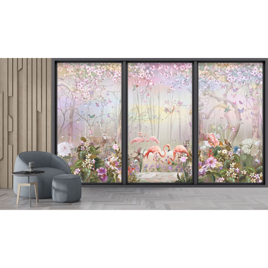 Papel pintado panorámico trampantojo - Flamencos rosas