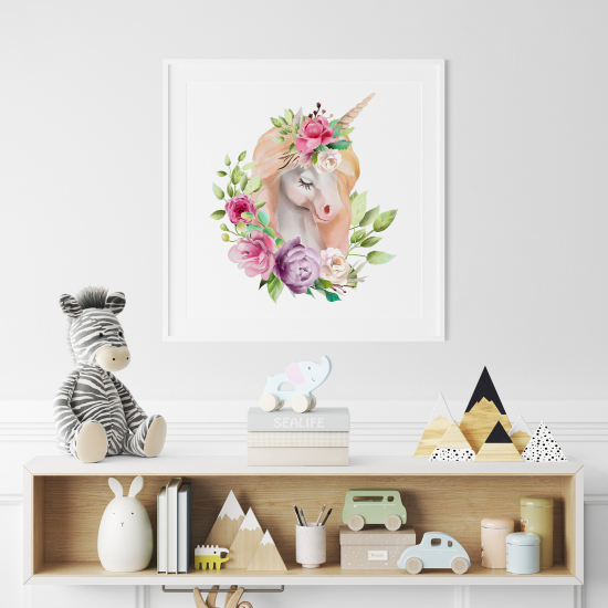 Póster para niños - Infantil - Unicornio flores