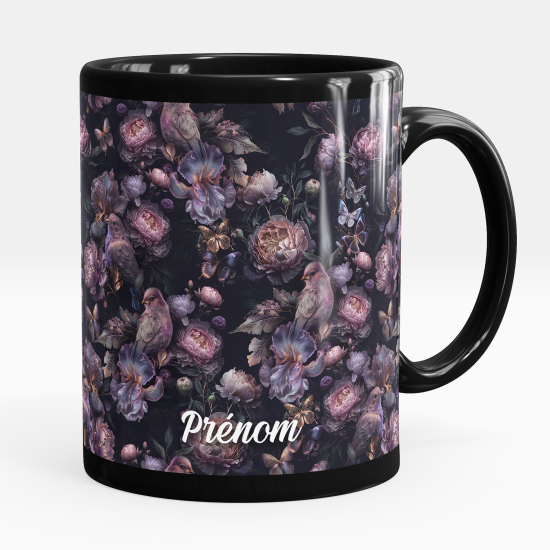 Taza personalizada totalmente negra - Pájaros flores