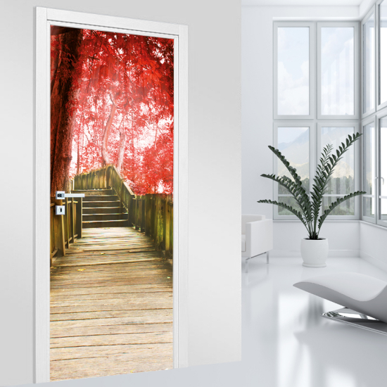 Vinilo Adhesivo para puerta - Escaleras árboles rojos