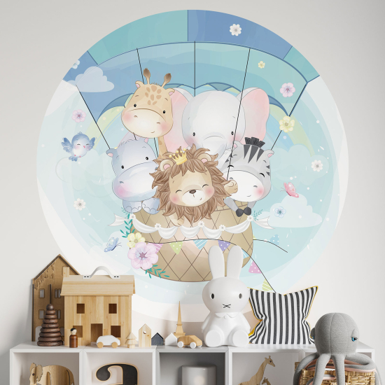 Vinilo Adhesivo Decorativo Redondo para niños - Infantiles - Globo aerostático Animales